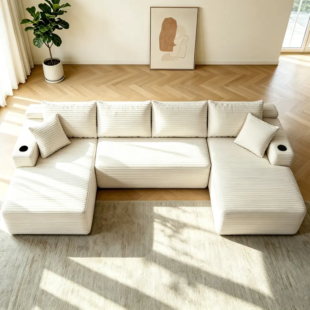 134" Plush Cloud U-Shape Modular Sectional Sofa with Sponge Cushion, Comfy Couch, Comfortable Chaise Lounge, Side Pockets, Cup Holder, Deep Seating, Upholstered for Living Room (133.50 x 66.00 x 26.00 in, 45 * 14 * 14 In., No Assembly Required)