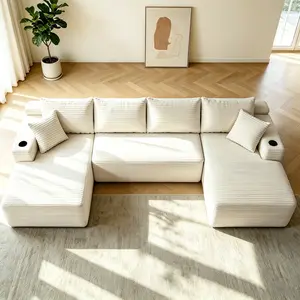 134" Cloud Sectional Sofa with U-Shape Chaise and Side Pockets and Cup Holder, Modern Modular Design, Deep Seating, Upholstered Couch for Living Room/Bedroom, No Assembly Required (Plush)