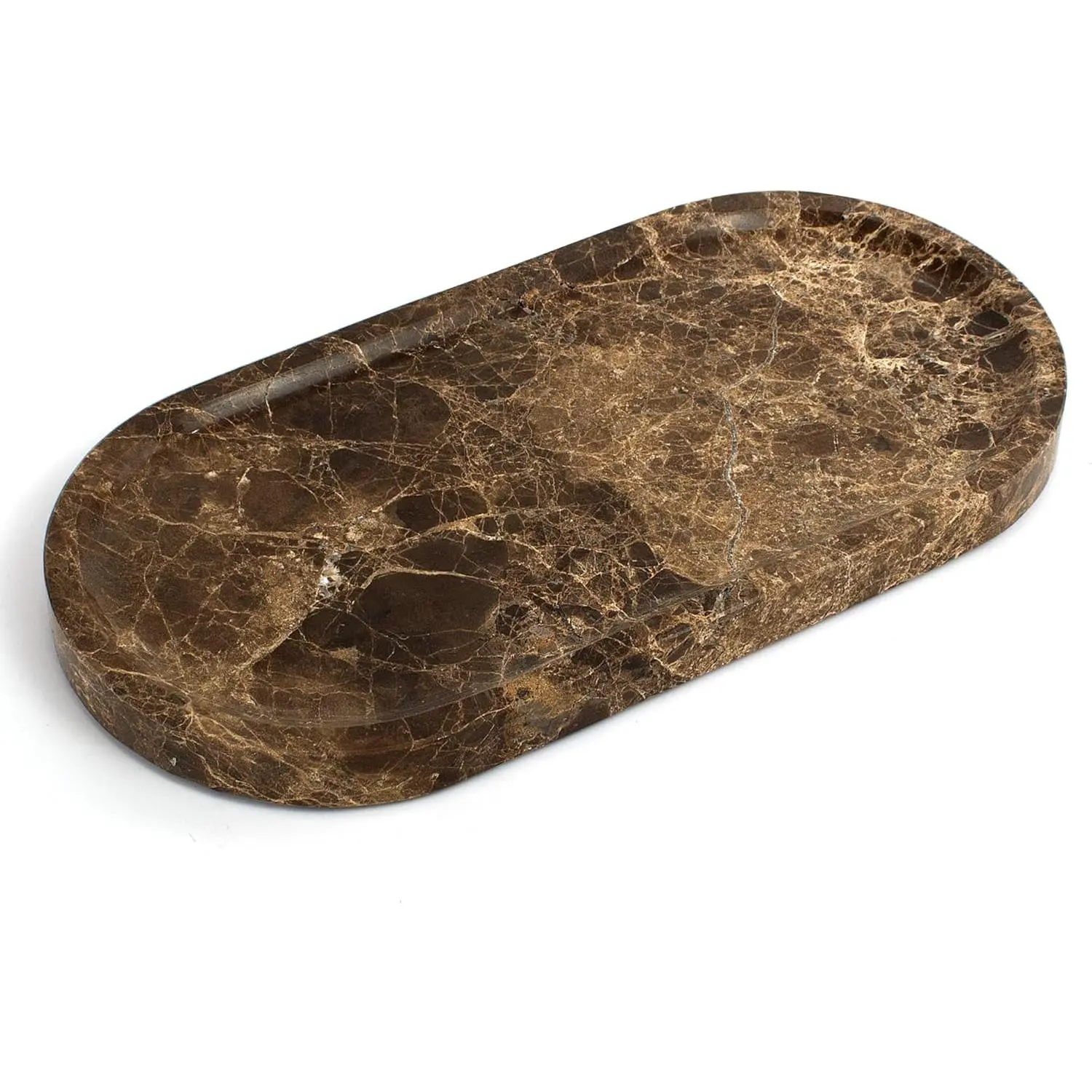 Genuine Real Natural Marble Tray for Bathroom, Luxury Dark Brown Stone Vanity Tray, Decorative Oval Trays for Countertop Storage, Vanity, Dresser, Kitchen, Home Decor, 11.8" x 6", Brown