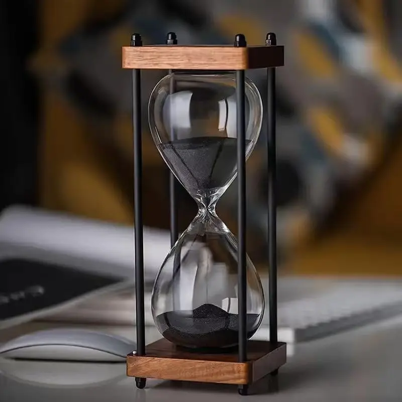 Large Glass Hourglass Timer with Wooden Frame, Decorative Meditation Sand Timer for Relax, Focus, and Productivity, Home and Office Decor