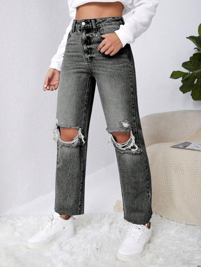 Jeans straight leg ripped washed petite SHEIN