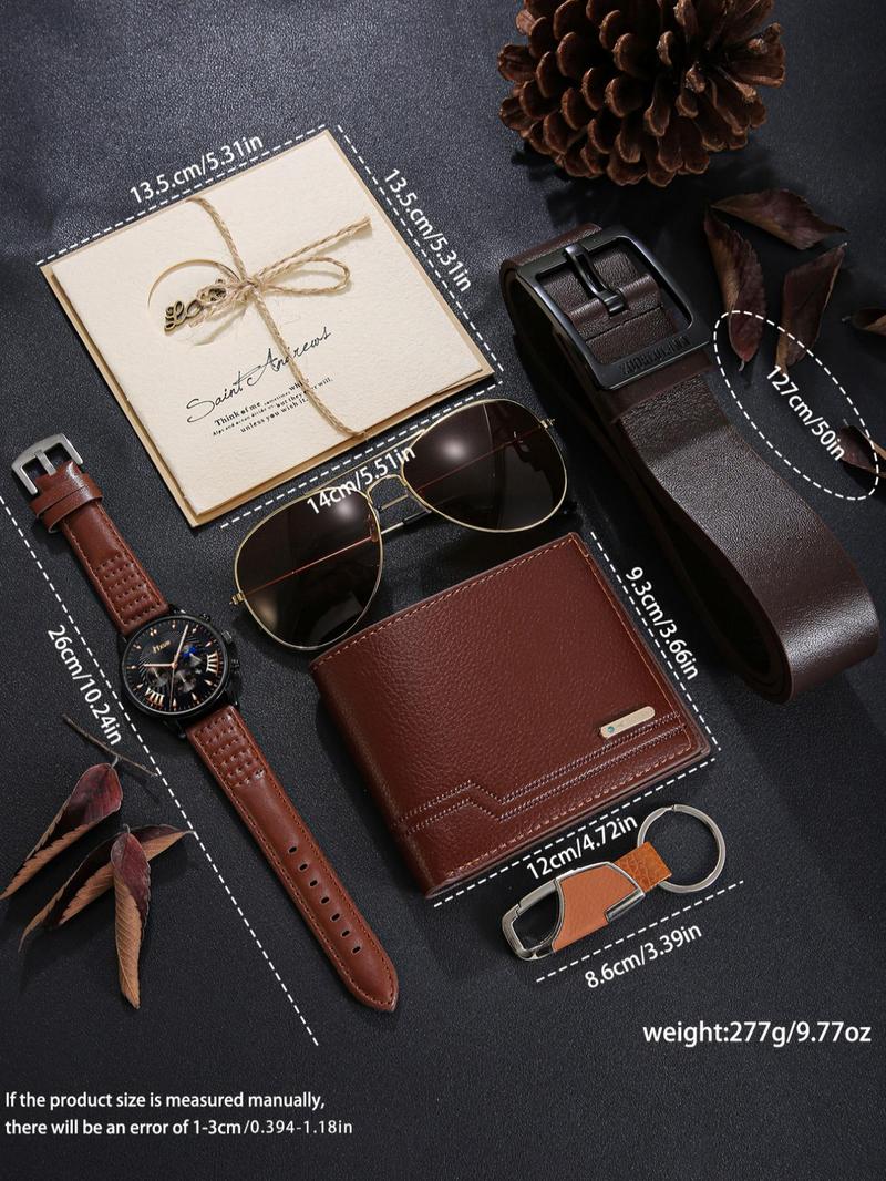 Men's Business Fashion Casual Watch Gift Set, Includes Watch, Wallet, Sunglasses, Keychain, Cufflinks and Tie Clip, with Gift Box, Birthday Gift for Men