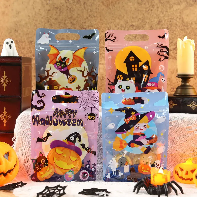 60-Pack Handle Zipper Treat Bags - Assorted Prints Halloween Aesthetic Spooky Fun Designs, Reusable Plastic Candy Packing Pouches, Compact Carry Goodie Bags for Kids' Party Favors