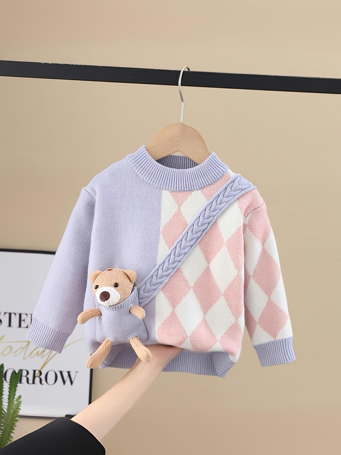 Adorable Girls' Bear Backpack Sweater, Round Neck with Bear Decoration and Checkered Pattern Pullover for Spring/Fall, Perfect Holiday Gift