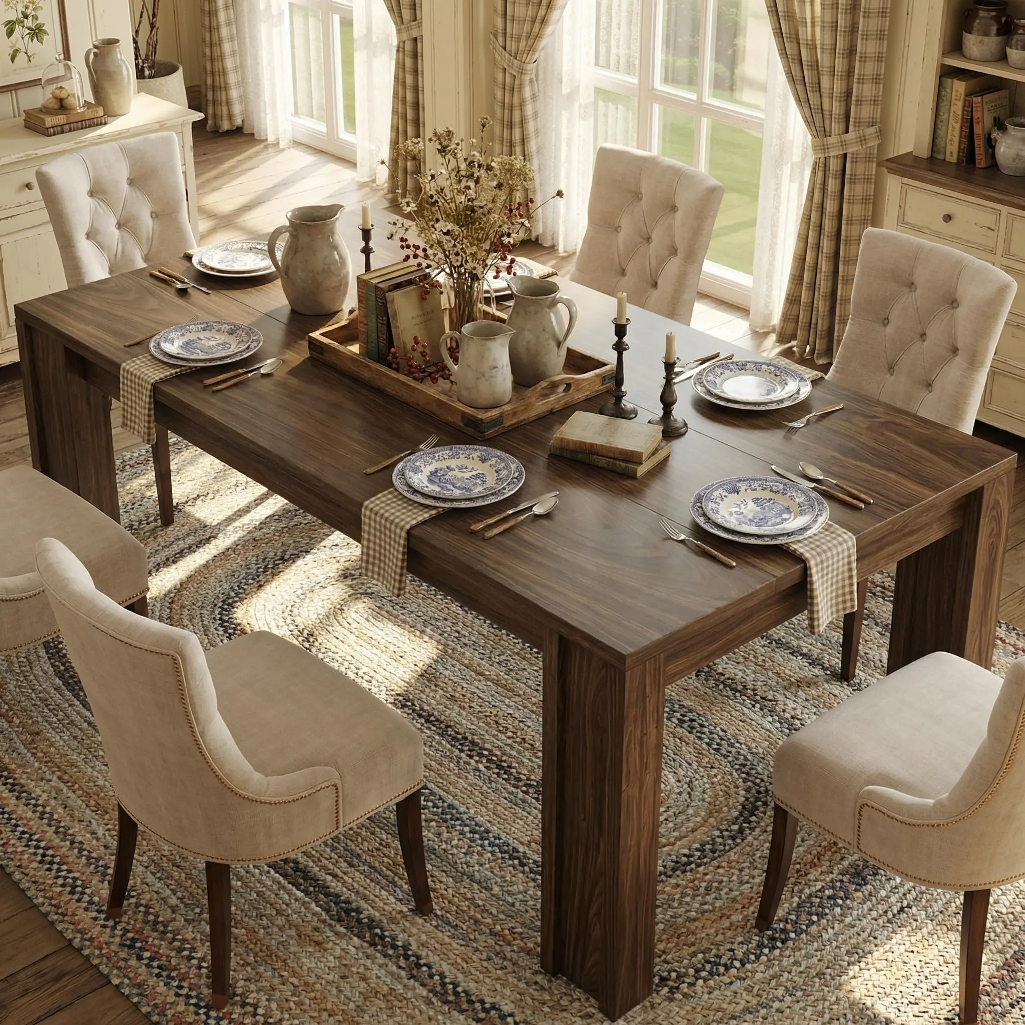 71" Long Dining Table, Farmhouse Rectangular  Sturdy Wood Strip Wood Frame Kitchen Table with Wide H-Legs & Thick Top, for Dining Room, Apartment & Kitchen(No chairs)