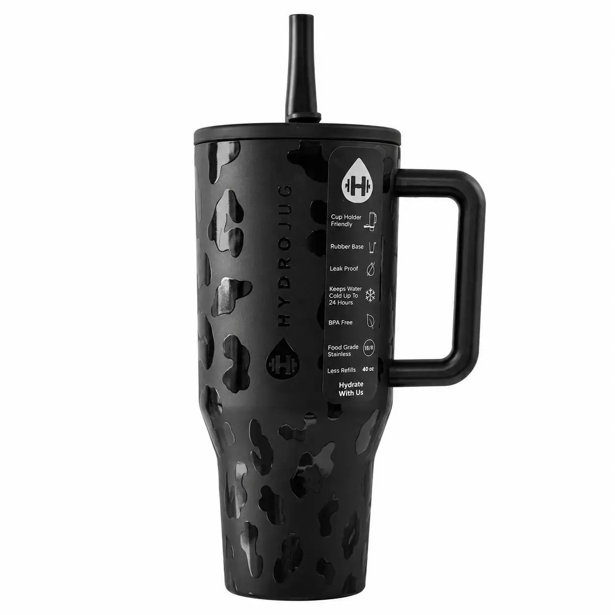 40oz Insulated Stainless Steel Tumbler With Handle & Straw Black Leopard Print 18/8 Food Grade Steel Leak Proof Lid Keeps Cold 24 Hours Cup Holder Friendly Non-Slip Rubber Base BPA Free Large Water Mug For Gym Travel Car Daily Hydration
