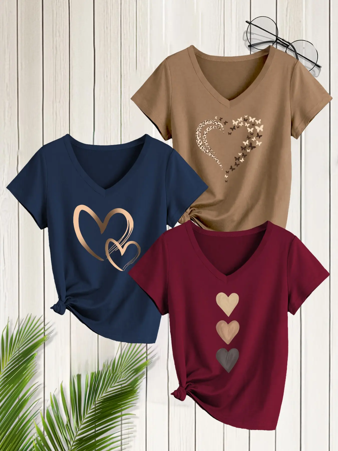 3-Pack Women's Casual V-Neck Short Sleeve T-Shirts, Heart Print, Slim Fit, Spring Summer Fashion, Daily Wear