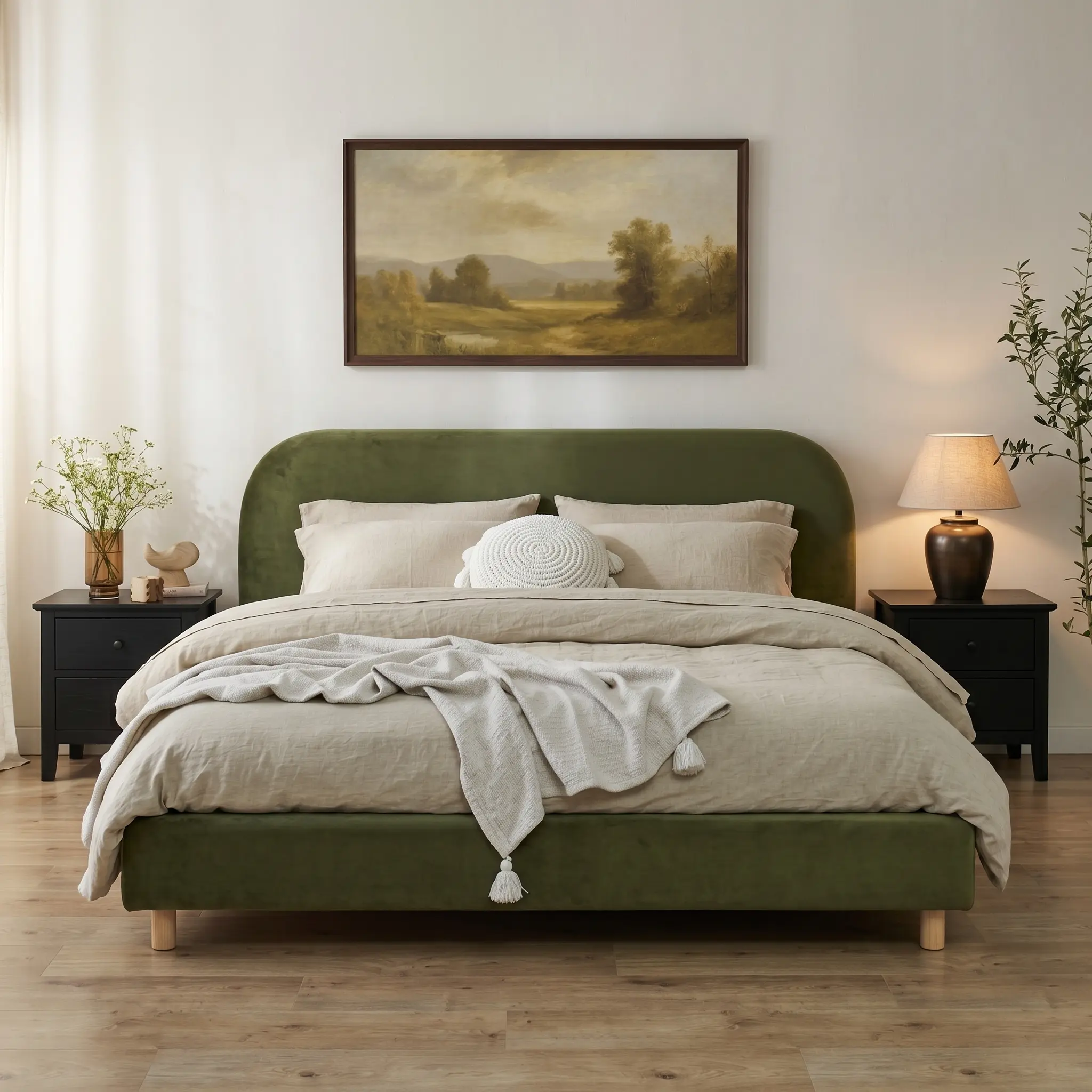 ARCH California King Upholstered Bed Frame with Velvet Fabric Curve Headboard Solid Wood Legs Olive Green Platform Bed No Box Spring Needed Heavy Duty Steel Frame 800 lbs Capacity Easy Assembly, Olive Green Color Options, Foam/Solid Wood+MDF/Steel/Ve