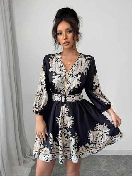 Women's Ethnic Style Floral Print Dress, Belt Detail, Casual Breathable Elegant Vacation Look, Spring Summer A-Line Long Sleeve Ruffle Hem Dress