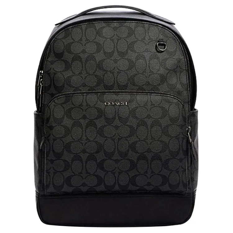 COACH Graham 29 Classic Monogram Backpack – Men’s Large Metallic Logo Coated Canvas and Smooth Leather – Charcoal Black