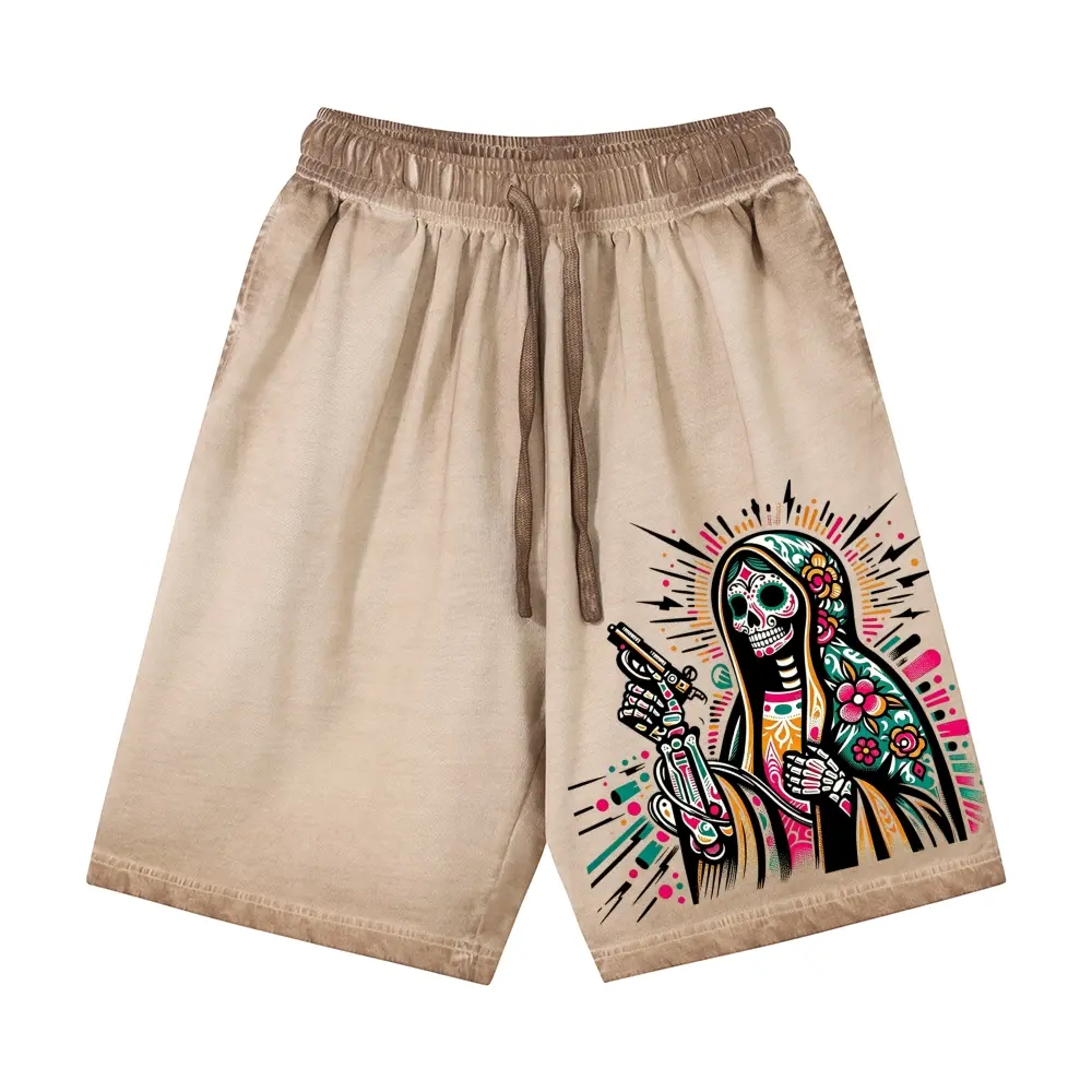 Acid Washed Oversized Y2K Traditional Tattoo Graphic Shorts, Floral Sugar Skull Skeleton Vibrant Splash Print, Vintage Grunge Streetwear, 100% Cotton Unisex Drawstring Shorts
