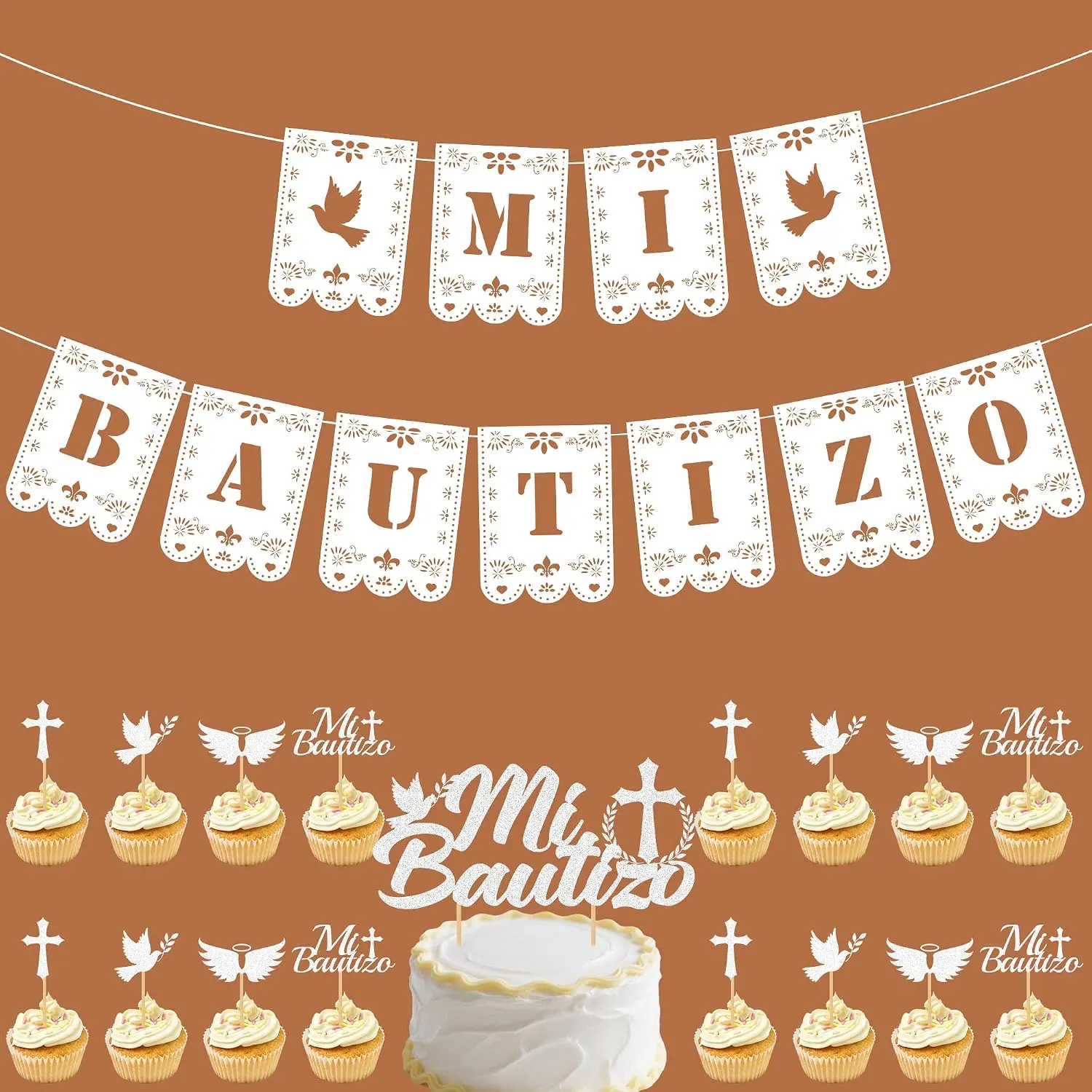Mi Bautizo Decorations Banner Sign - 19 count God Bless Communion Party First Holy Latin Vibes White Papel Picado Garland Banner Cake Decor For Religious Baptism Christening Supplies