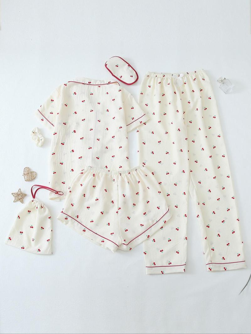 Women's Two-Piece Set All Over Cherry Print Contrast Binding Pyjama Set, Casual Elegant Lapel Pocket Shirt & Elastic Waist Pants & Shorts & Scrunchie & Eye Mask & Storage Bag, Women's Sleepwear for All Seasons, Matching, Womenswear, Pajama Set, Pajamas