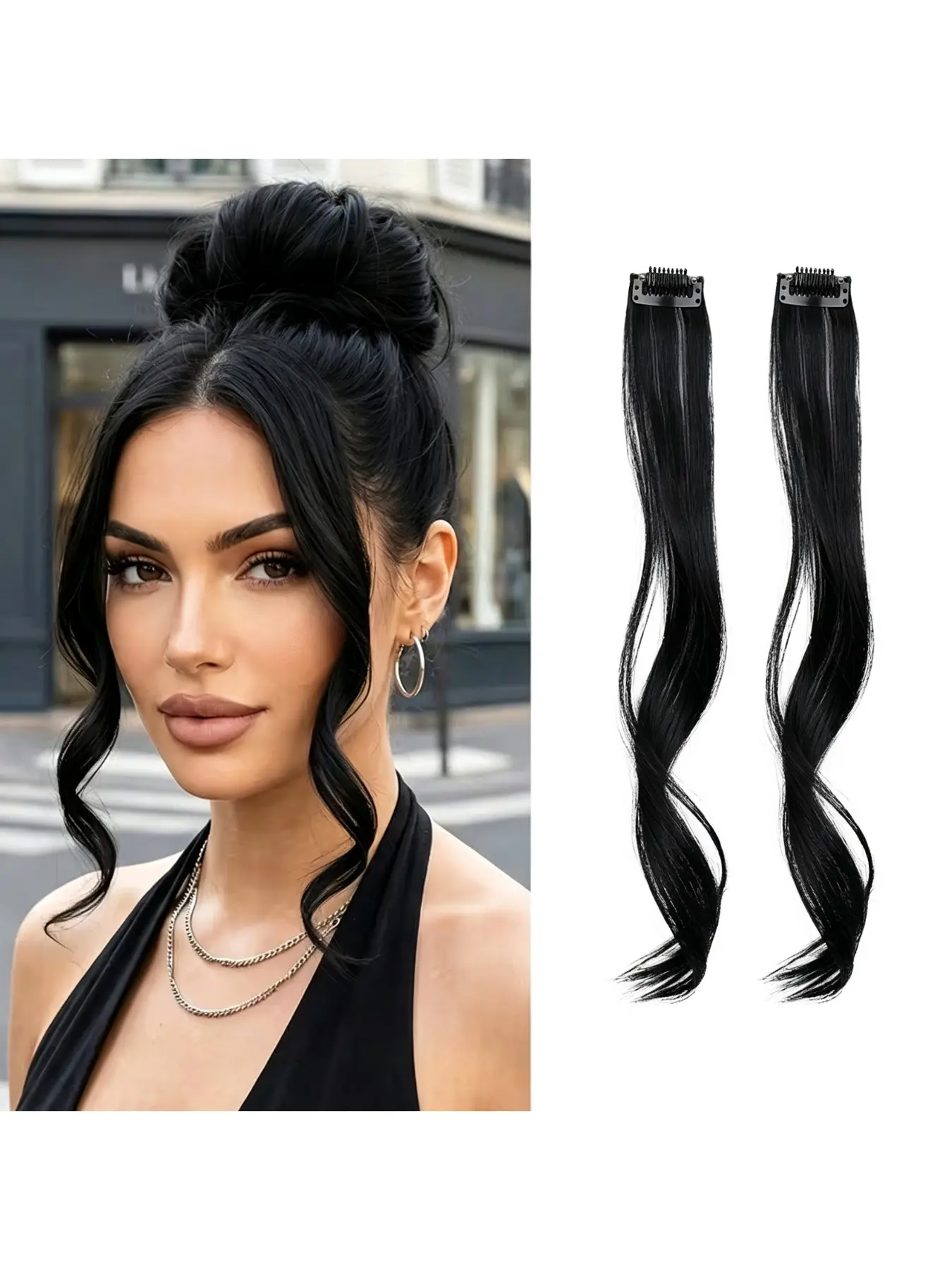 12 Inch 2pcs Clip-In Synthetic Bangs Hair Extensions - Wavy Texture Styling Long Side Fringe Hair Extensions, Elegant Style, Suitable for Women'S Daily Wear Wedding Party Theme Party Holiday Celebration Black Friday Christmas And New Year Gifts