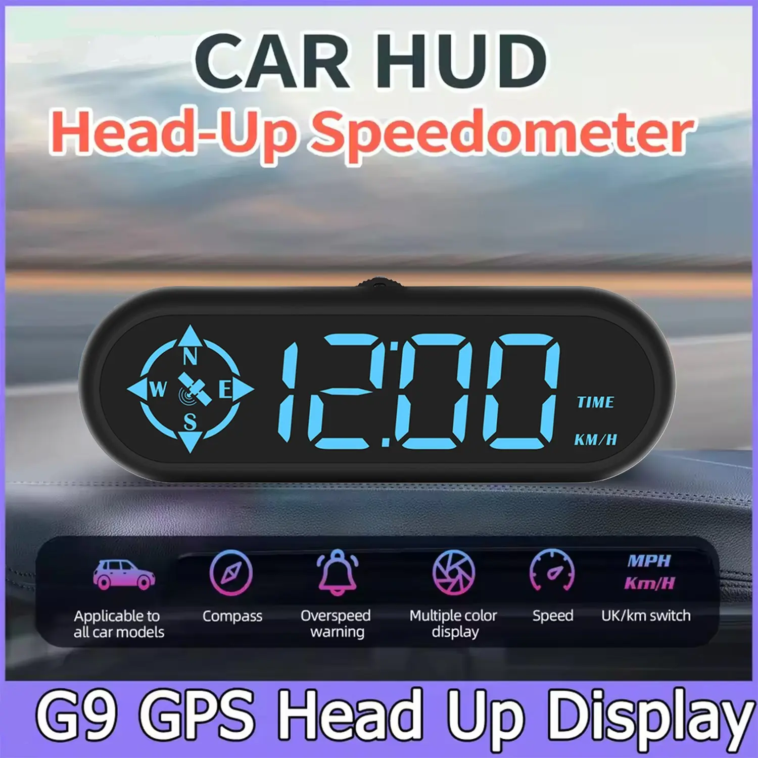 G9 Car Hud Display, GPS Speedometer, Switchable Km/h and Mph, Multi-Color Digital, HD Compass, Auto Light Detection, Fatigue Alert, All Vehicles