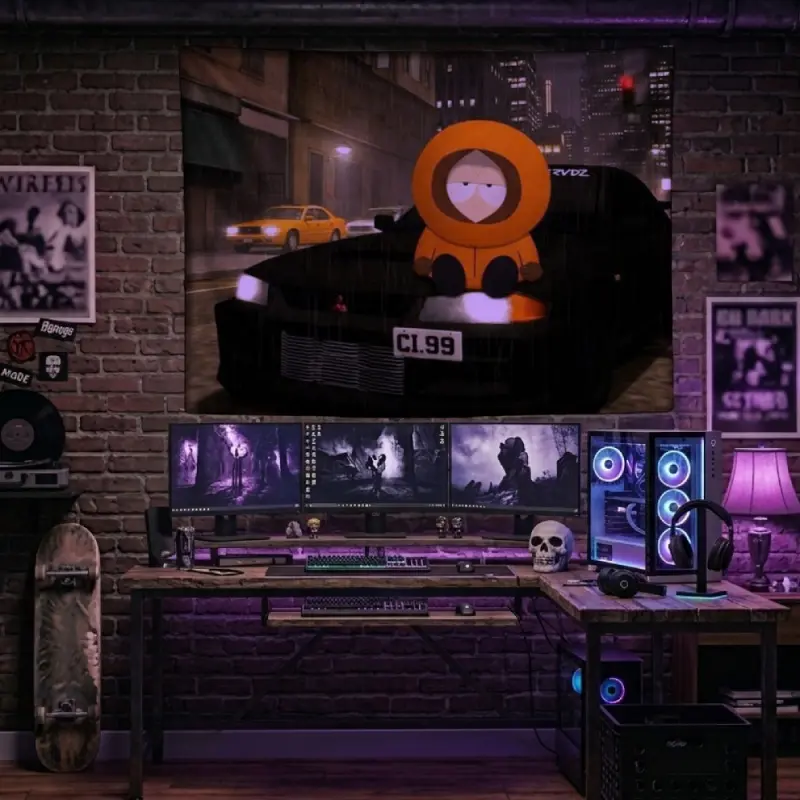 Kenny McCormick Car Tapestry Night City Street Automobile Enthusiast Wall Hanging Funny Cartoon Character Meme Bedroom Decor Dorm Background Banner