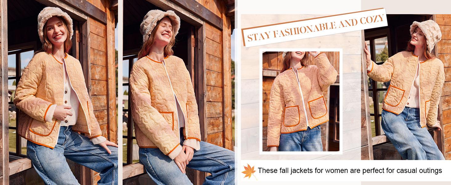 Yousify Womens Jackets Fall Fashion 2025 Crew Neck Quilted Plaid Jacket Full Zipper Coats S-2XL