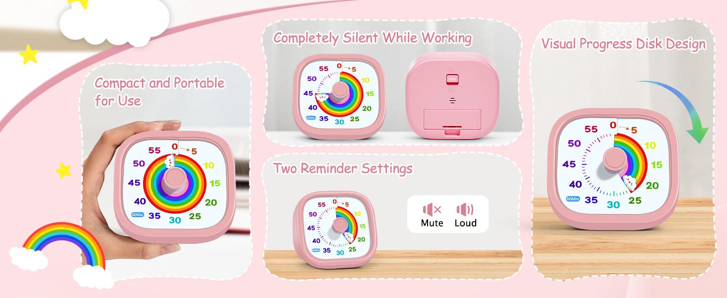 60-Minute Visual Timer for Kids – Rainbow Disk Countdown Clock, Silent Operation Pomodoro Timer for Classroom, Home & Office. Time Management Tool for Toddlers & Students – See Time Passing, Reduce Anxiety, Build Focus! Pink