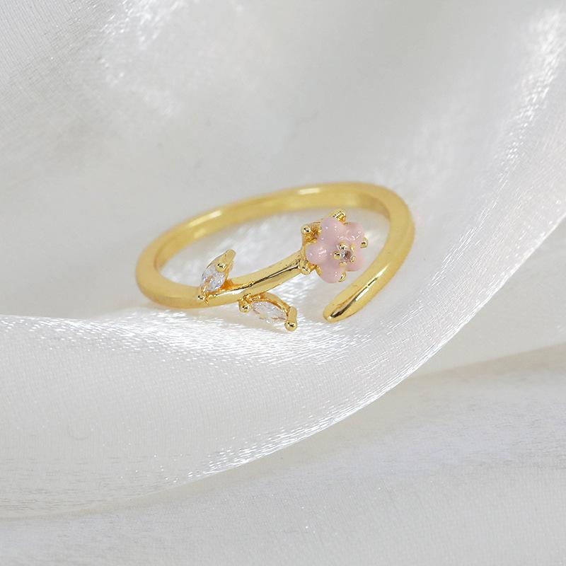 Spring and summer macaron-colored oil-drip flower heart ring with zircon inlay, open niche ring for women, personalized index finger ring