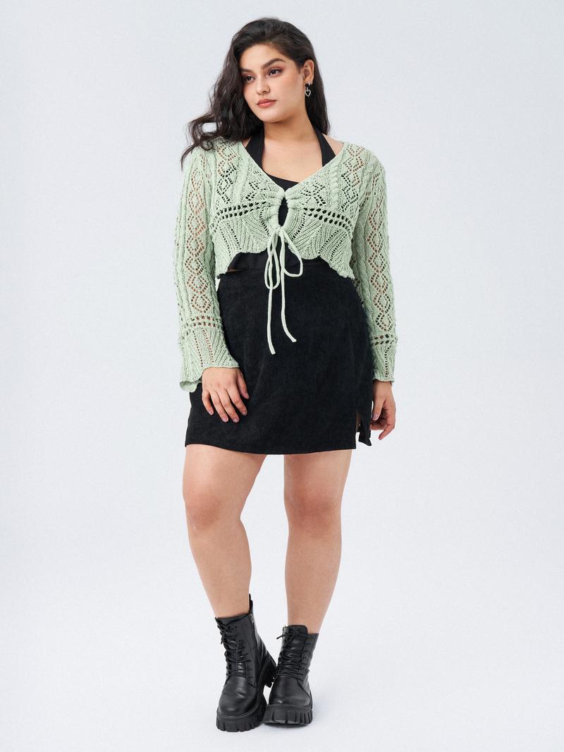 Cider [4 colors, size 2-26] Solid Crochet Tie Front Deep V Neck Crop Top Curve & Plus
