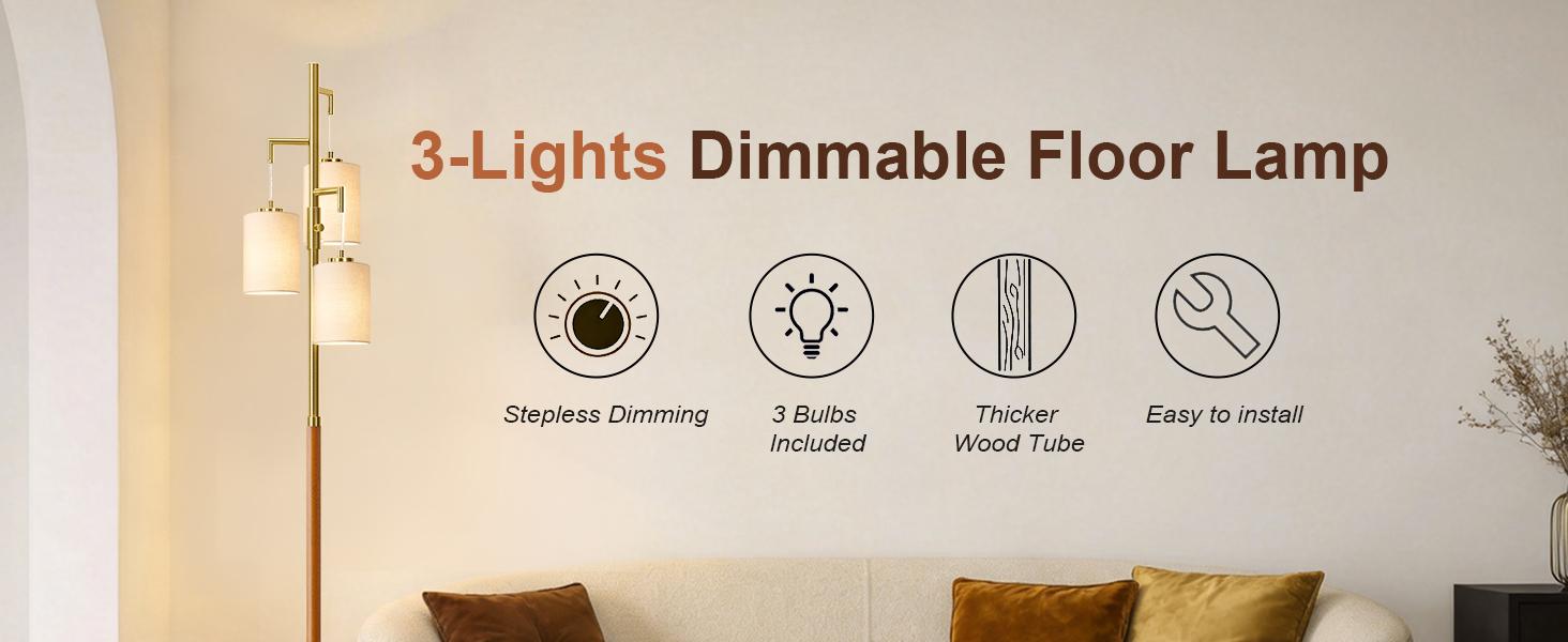 70" Wood Floor Lamp Dimmable Floor Lamps for Living Room Bedroom Mid Century Modern Floor Lamp Gold Standing Lamp Tall Lamps for Office Nursery Reading Elegant Stand Up Lamp, 3 Bulbs Included