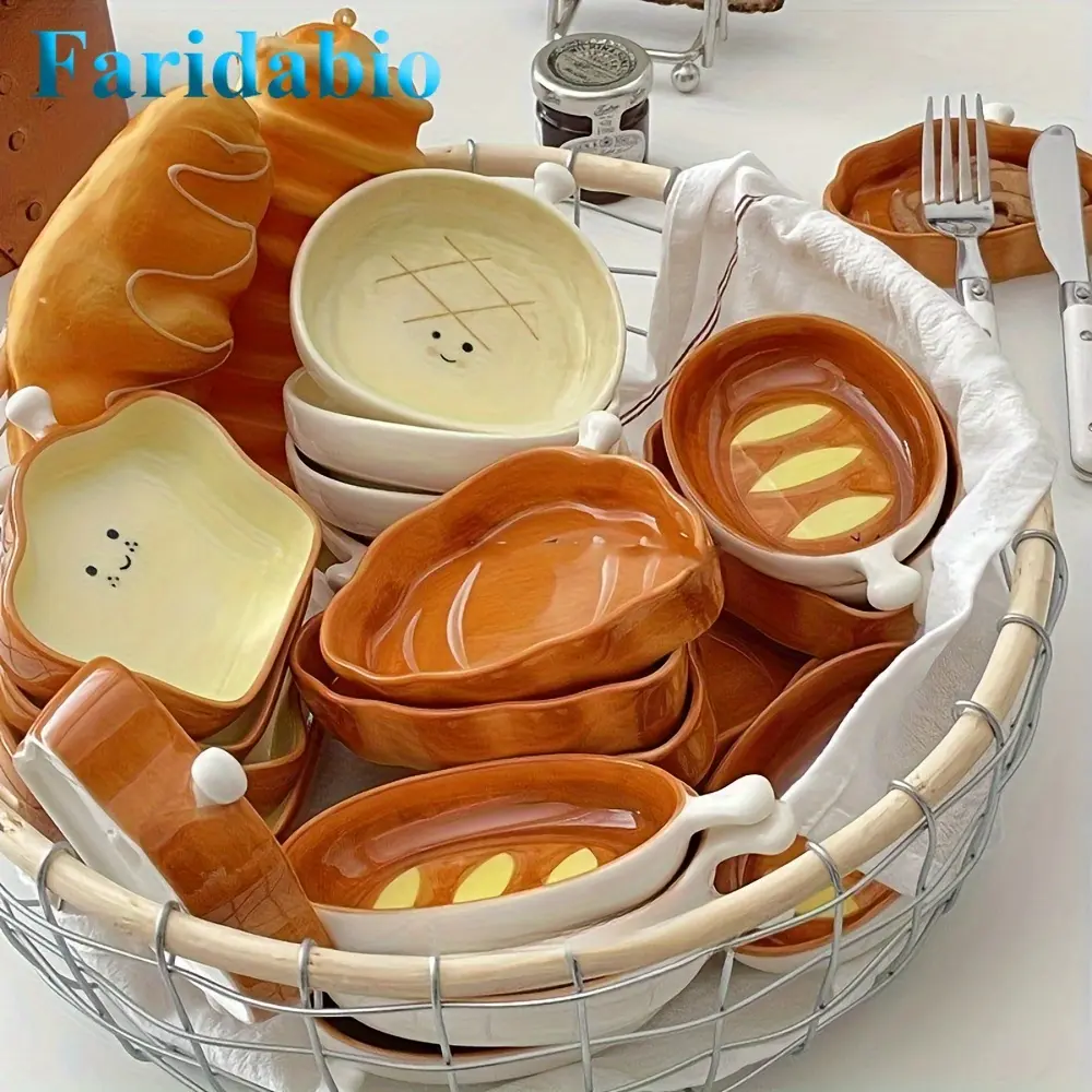 This four-piece set of ceramic bread-shaped condiment dishes features hand-painted designs and measures 4 inches each; they are perfect for serving soy sauce, dressings, and dipping sauces. These charming dishes are ideal for any meal.