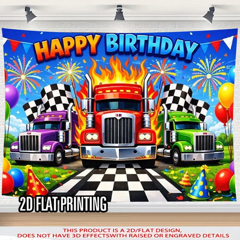 2D Flat Design Happy Birthday Racing Truck Polyester Photography Backdrop - HD Digital Printing, Soft, Lightweight, Foldable, Machine Washable Banner Cloth for Birthday Parties, Photo Booth Displays