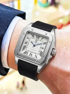 Luxury Square Men's Quartz Watch, Roman Numerals, Waterproof, Rubber Strap, Business Casual, Retro Calendar, Trendy Accessory