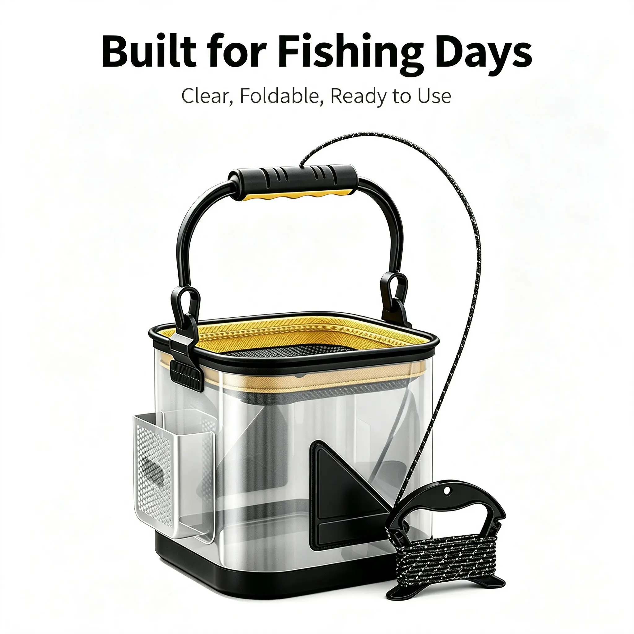 Transparent foldable fishing bait bucket, multifunctional bait fishing bucket, lightweight live fish storage bucket, equipped with a drawstring, suitable for outdoor fishing