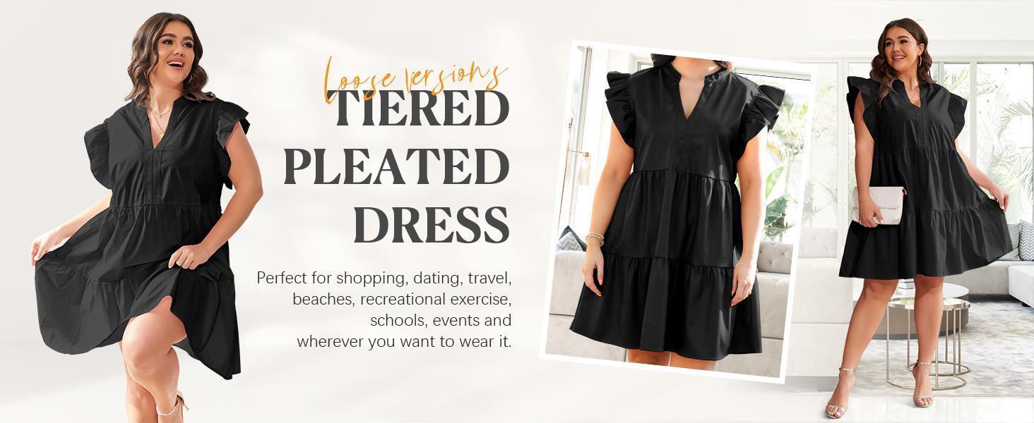 【1XL-5XL】Imily Bela Curve Plus Size Dresses for Women Summer Ruffle Short Sleeve V Neck Dress Tiered Swing A Line Babydoll Mini Dress