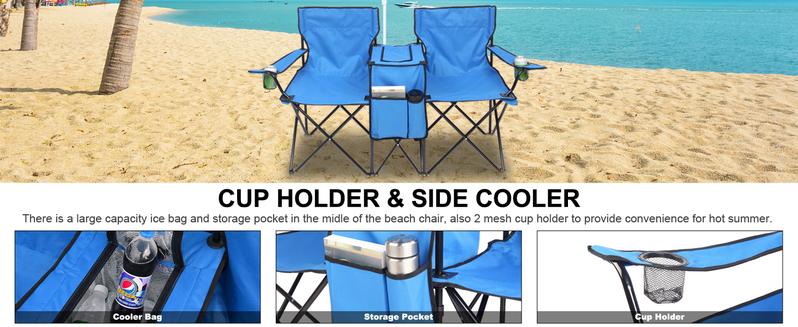 Outvita Folding Double Camping Chair w/Umbrella Beverage Holder Carrying Bag Cooler Fold Up Table, Large Bearing Capacity for Beach Patio Pool Park Outdoor Blue