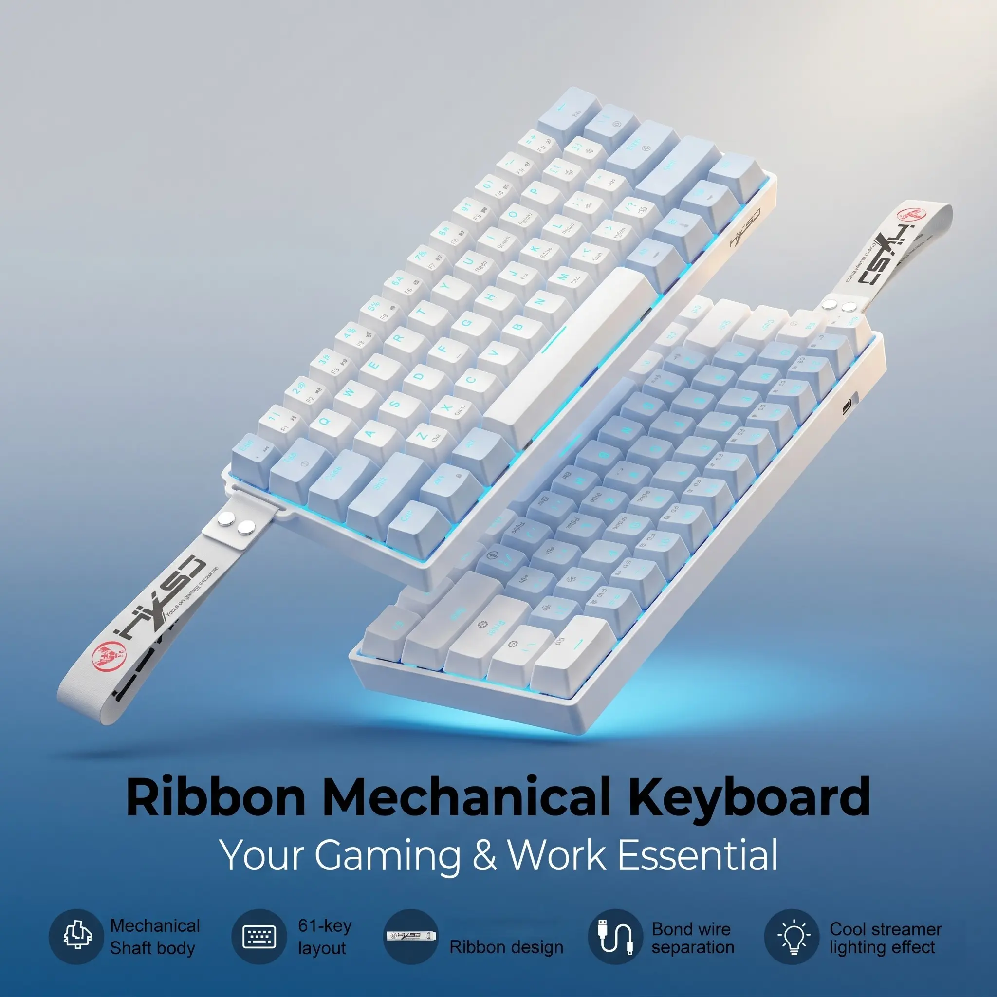 Hxsj Durable Wired Mechanical Keyboard, 61 Keys Compact, Backlit, Portable, Detachable USB-C Cable, Anti-Ghosting, Wired Game Keyboard, Ideal for Gaming & Office