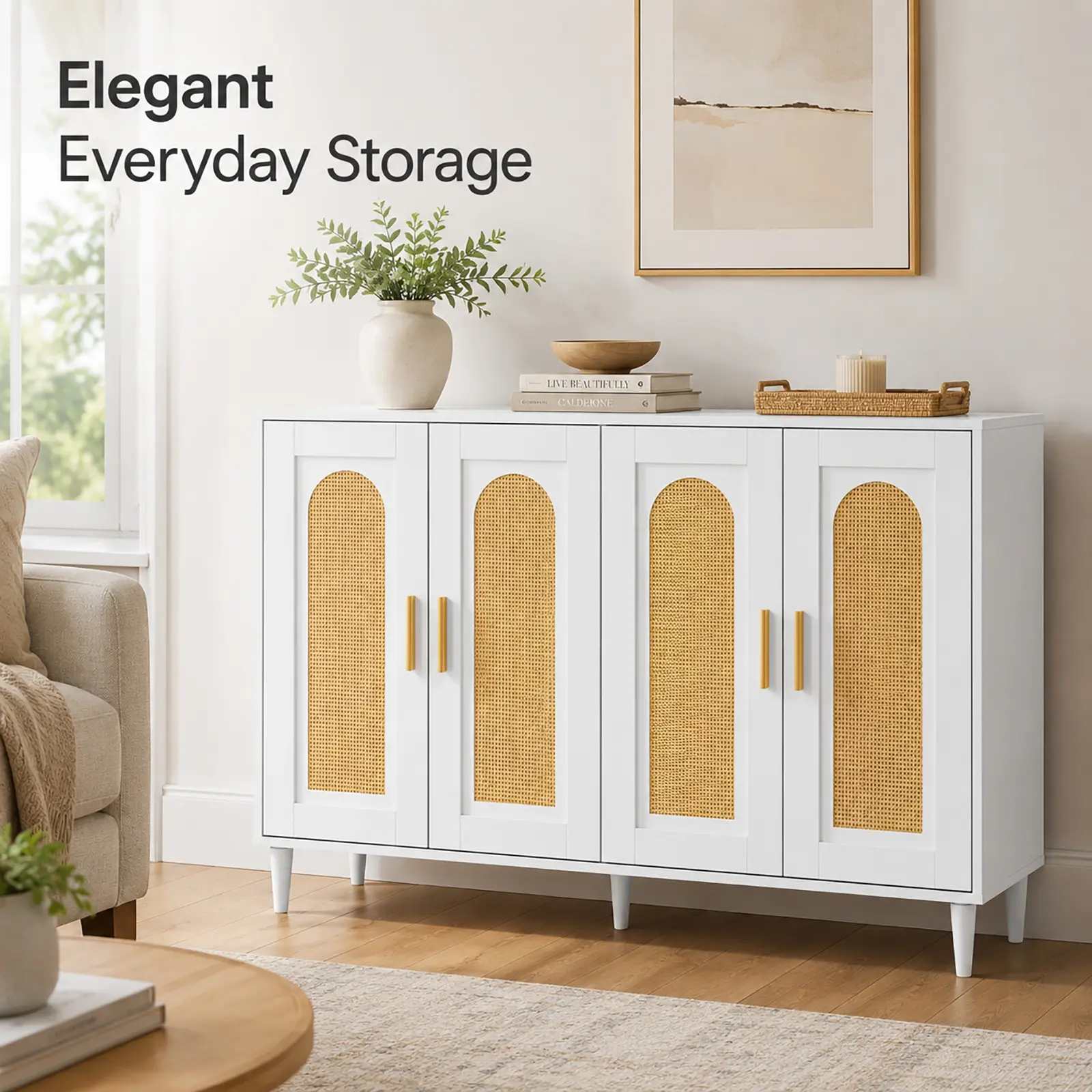 Buffet Cabinet with Storage, White Sideboard Cabinet with 4 Cane Doors and Adjustable Shelves, Rattan Accent Cabinet for Dining Room, Living Room, Entryway, Coffee Bar Wood Modern Tall
