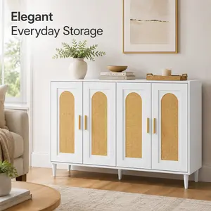Buffet Cabinet with Storage, White Sideboard Cabinet with 4 Cane Doors and Adjustable Shelves, Rattan Accent Cabinet for Dining Room, Living Room, Entryway, Coffee Bar Wood Modern Tall