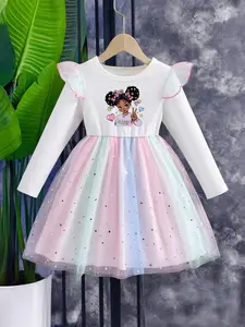 Girls' Long Sleeve Dress, Fashion Princess Dress, Star Moon Gradient Mesh, Cute Cartoon girl Print, Ideal Gift for girls, Perfect  for spring, autumn, and winter, back-to-school, Christmas, birthday parties, vacations, daily wear