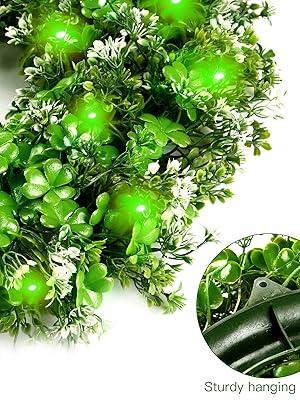 St. Patrick's Day 17.7’’ Shamrocks Wreath with 30 Green Lights Artificial Greenery Clover Wreath for Wall, Window, and Indoor Home Decor Ornaments Decoration Deer