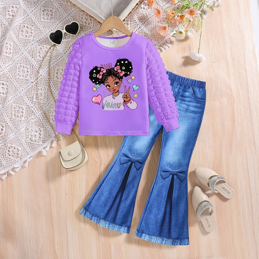 Girls' 2-Piece Avatar Character Outfit Set, Polyester Bubble Long Sleeve Top with Denim-Effect Flared Leggings for Spring and Fall, Characters, Bubble Sleeves, Cold Wash, Flared Legs, Graphic, No, Acrylic, Clothes Kids, Costume