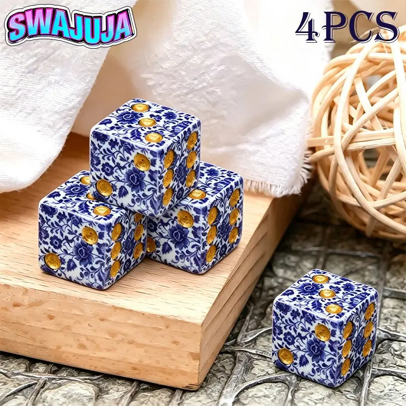Blue and white porcelain dice set, 4Pcs Standard 16mm dice, suitable for party table games, role-playing, dungeons and dragons, poker, high-end board games, ideal gifts for player collectors and blue and white porcelain lovers