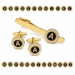 Men’s Initial Tie Clip and Cufflink Set A–Z – Luxury Gold Tone Letter Cufflinks with Rhinestone Halo, Formal Suit Accessories for Wedding, Business & Gift for Men