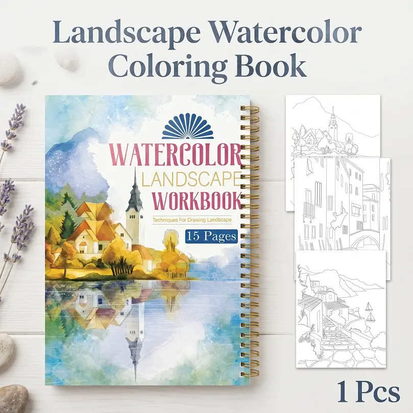 Landscape Watercolor Workbook for Beginners, Spiral Bound Coloring Book, Step by Step Tutorials, Thick Paper, Gift for Adult Painters