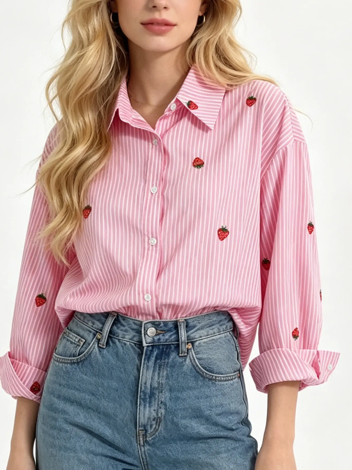 A fashionable pink strawberry striped collared shirt for women, with a hanging fabric that is breathable and suitable for commuting, shopping, outdoor activities, indoor and outdoor wear