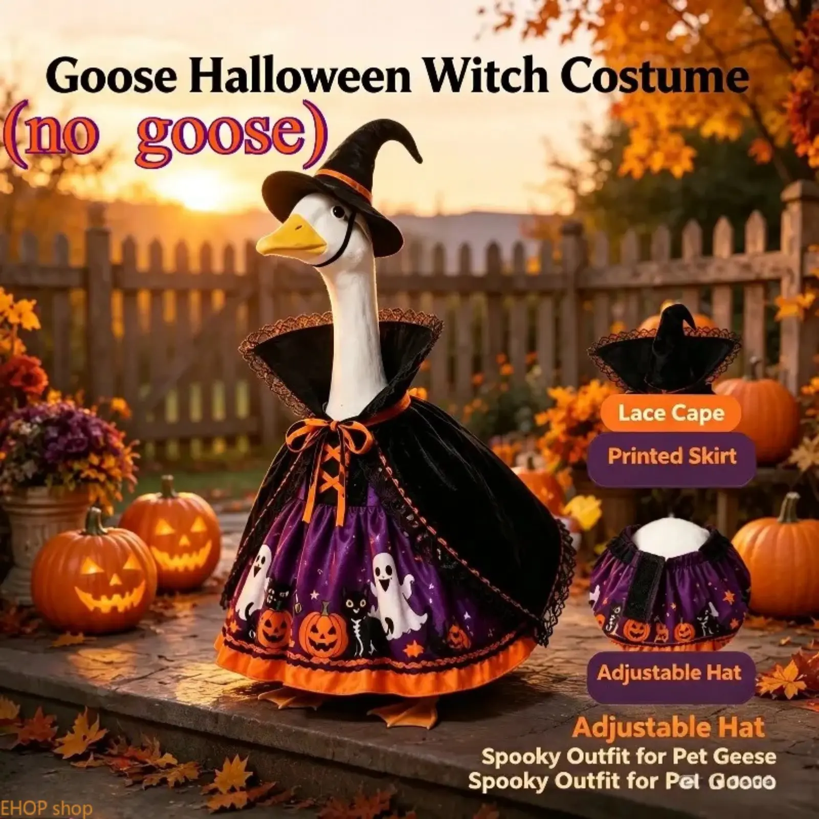 Lawn Goose Halloween Witch Costume Set Ghost Pumpkin Black Cat Printed Lace Cape Dress Witch Hat Adjustable Hook & Loop Outfit For 23in Yard Goose Statue Porch Garden Holiday Decor Gift