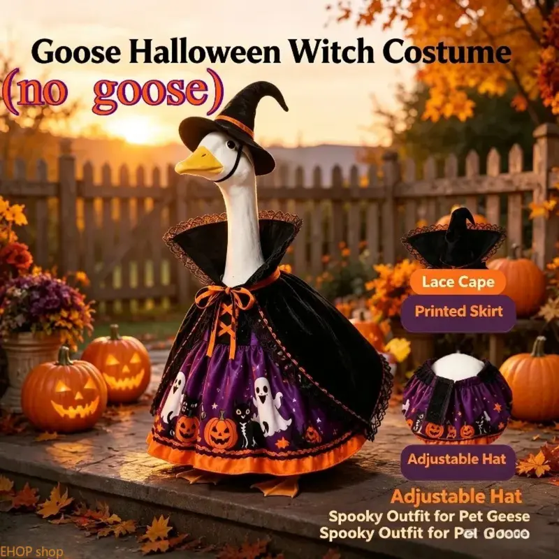 Night Witch Goose Costume Set for 23in Yard Goose Statue - Polyester Lace Cape Dress with Ghost, Pumpkin, Black Cat Prints, Adjustable Hook-and-Loop Witch Hat - Porch Garden Decoration, Gift Ornament,sohochic