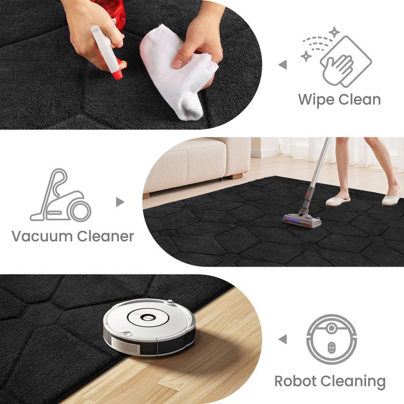 Large Size Jacquard Plush Rug, Big Fluffy 3D patterned Area Rug, Non-slip Soft Shaggy Carpet Mats for Livingroom Bedroom Nursery Home Decor Black