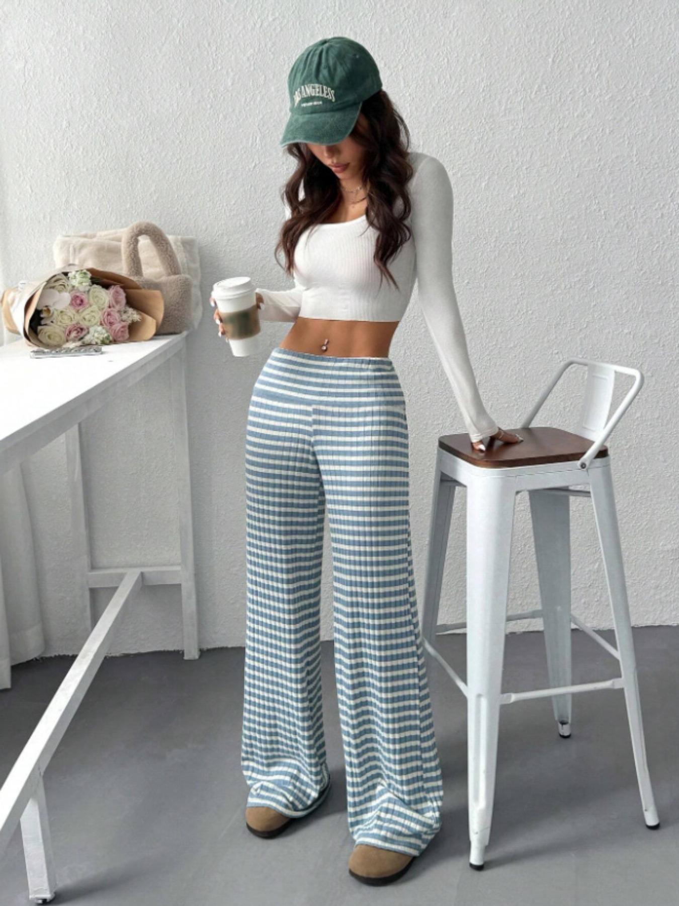 Women's Striped Casual Low Waist Pants, Fashionable Knitted Long Trousers for Daily Wear, Stylish Ladies' Clothing