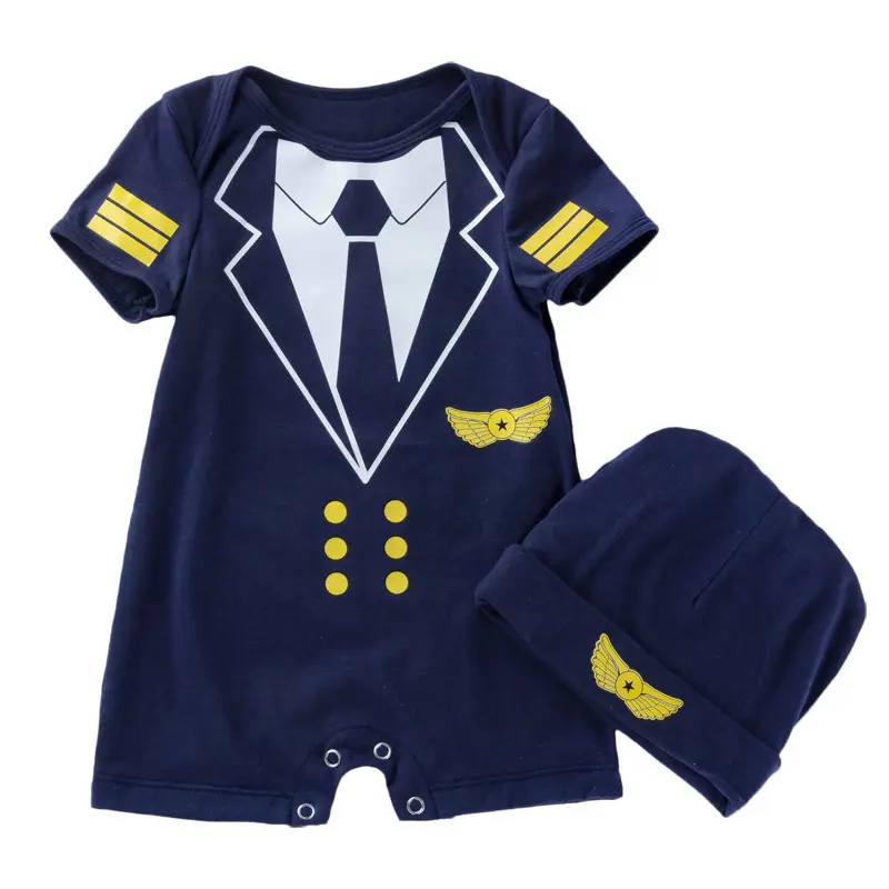 Summer baby short-sleeve romper with hat, boys' faux two-piece jumpsuit, aviator uniform