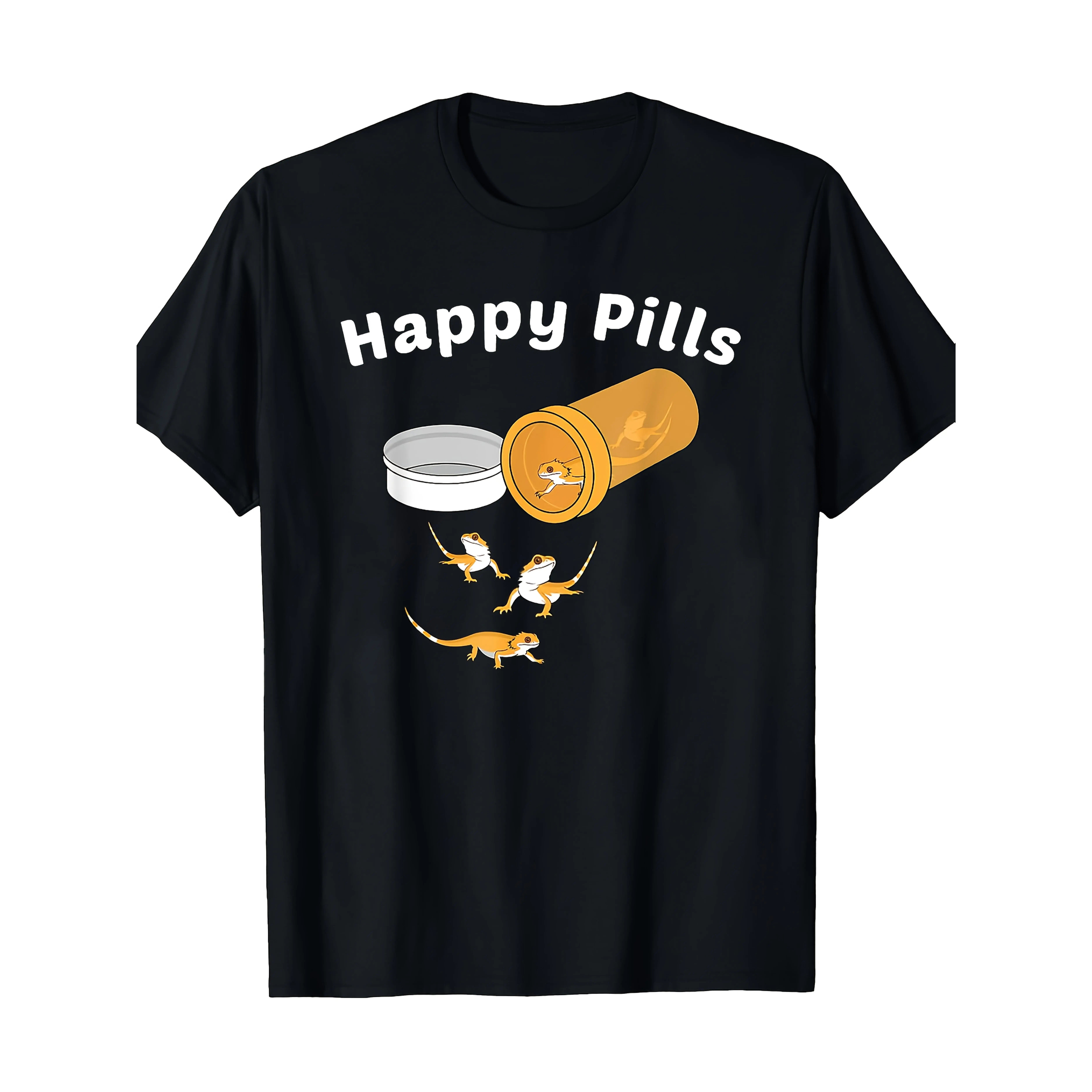 Men's Casual Minimalist Graphic T-Shirt - Funny Bearded Dragon and Gecko Happy Pills Print, Short-Sleeve Crew Neck Top, Orange & White Menswear, Machine Washable, All Seasons Wear