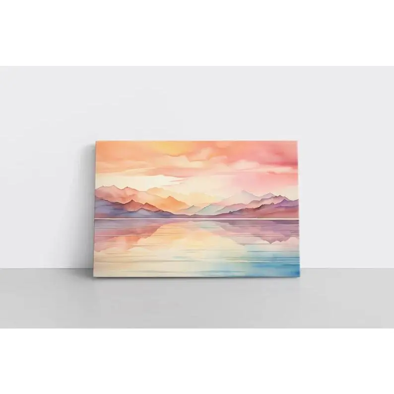 Framed Canvas Print - Artistic Retro Minimalist Tonal Watercolor Rainbow Mountain Lake Sunset Landscape, Muted Colors Boho Abstract Modern Home Decor Artwork, Thanksgiving-Easter Valentines Day Accents with Polka Dot, Houndstooth, Marble, Plaid Decoration