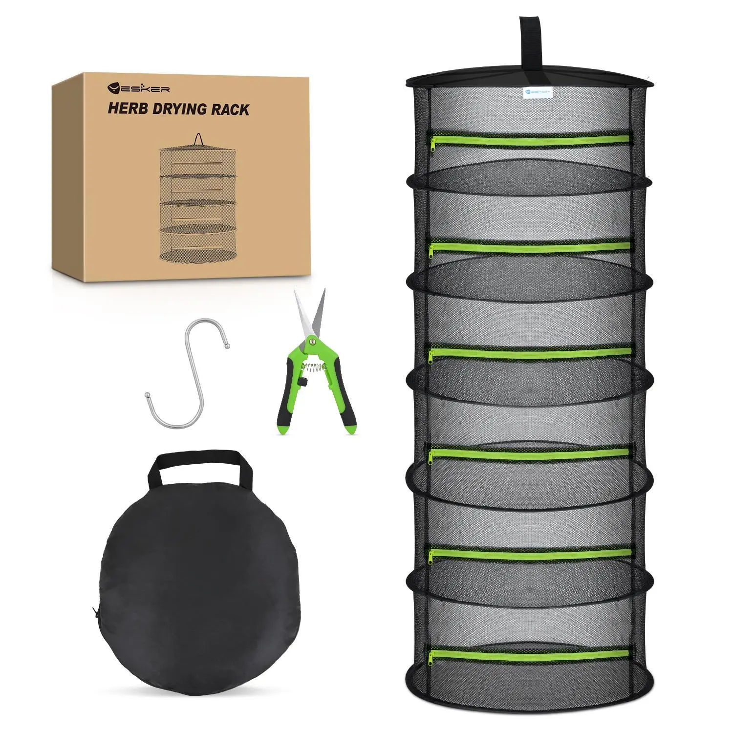 Yesker 6 Layer Herb Drying Rack Hanging Mesh Net Foldable Plant Drying Racks 24" w Green Zipper Pruning Shears Hook Dryer Hanging Rack for Herbs Seed Bud Fruit Clothes Grow Tent Closets Garden Outdoor