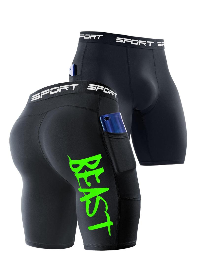 3 Pack BEAST Printed Men's Compression Shorts – Breathable Quick-Dry Workout Shorts with Pocket, Stretch Fit for Gym, Running, Basketball & Sports Training, Breathable Fitness Shorts